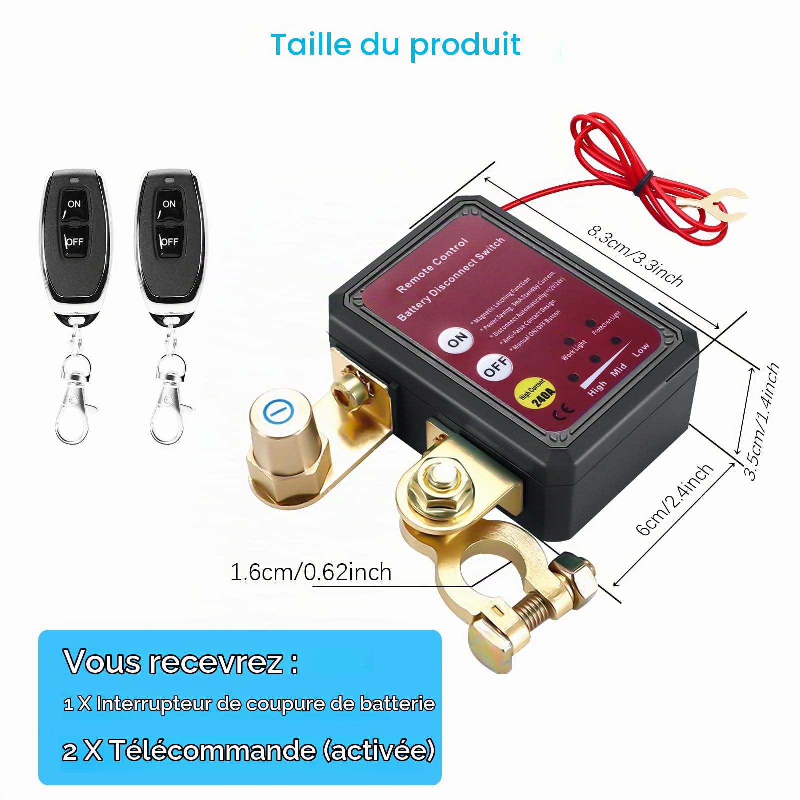 Disjoncteur de Batterie 2 Télécommandé Sans Fil, 12V 240A Coupe Circuit Voiture Interrupteur Batterie pour Voiture Bateau RV ATV Camion Alarme Voiture (Noir)