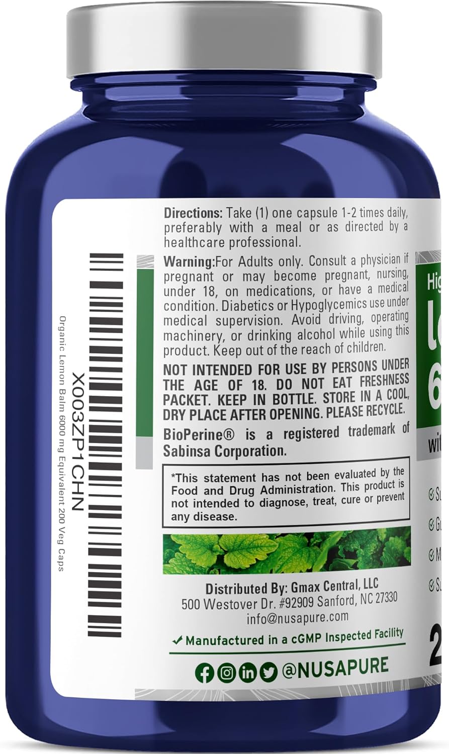 NusaPure Lemon Balm 30:1 Extract, 200 mg Equivalent to 6000mg Per Vegan Caps - 200 Count Non-GMO, Vegan Bioperine - Image 3