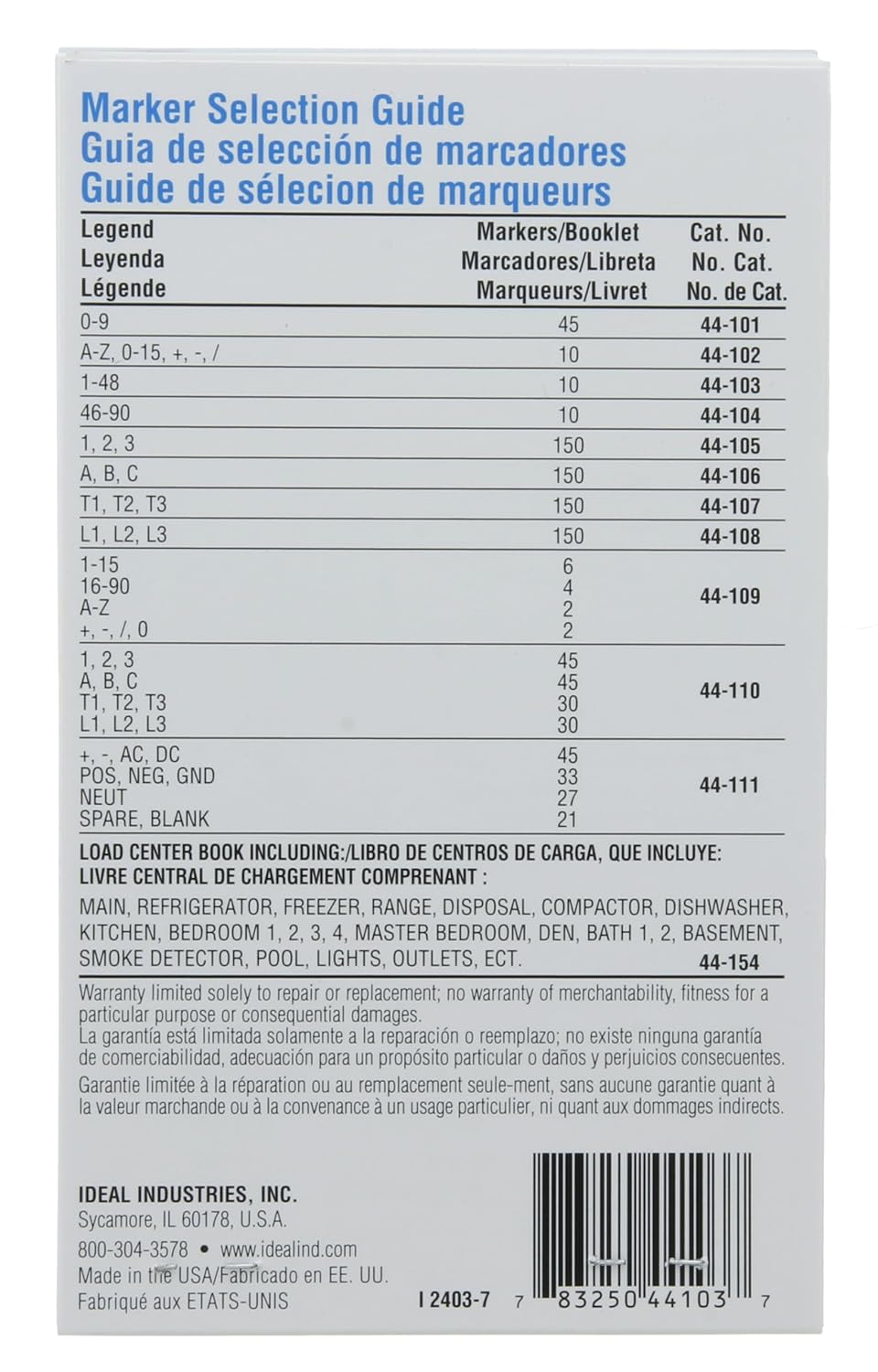 Ideal Electrical 44-103 Wire Marker Booklet, Asst 1-48, 10 Each