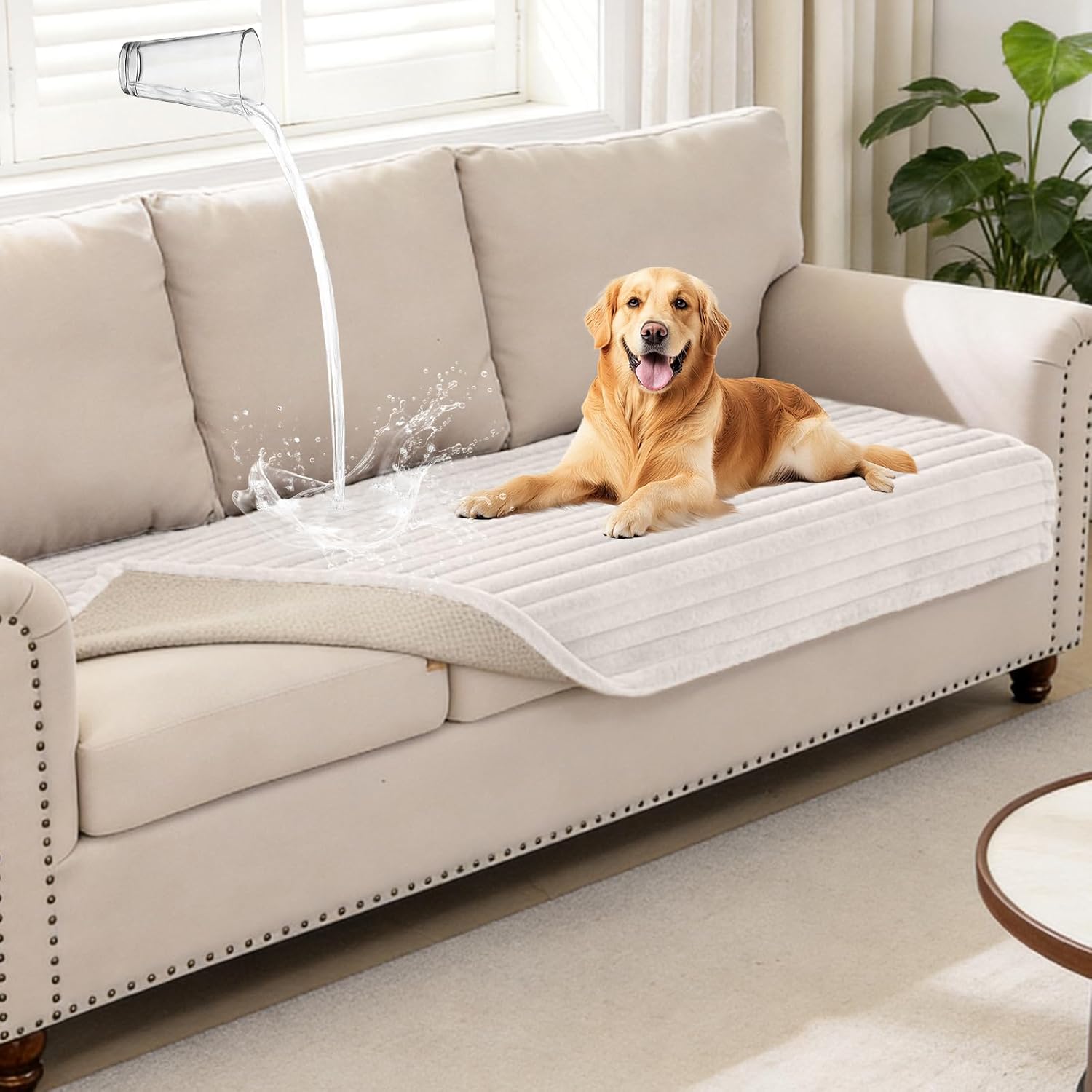 Warmstar Waterproof Couch Cover for Dogs，Fuzzy Pet Couch Covers for Sofa Washable,Non Slip Couch Covers for 3 Cushion Couch Sofa,Soft Sofa Cover Slipcover Pet Frinedly,(Off White, 35" x 74")