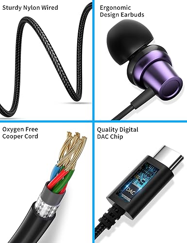 Miniatura 8 de Paquete de 2 auriculares USB tipo C con micrófono con cable para Samsung Samsung A53 A54 S23 Ultra 5G cancelación de ruido HiFi Bass estéreo con