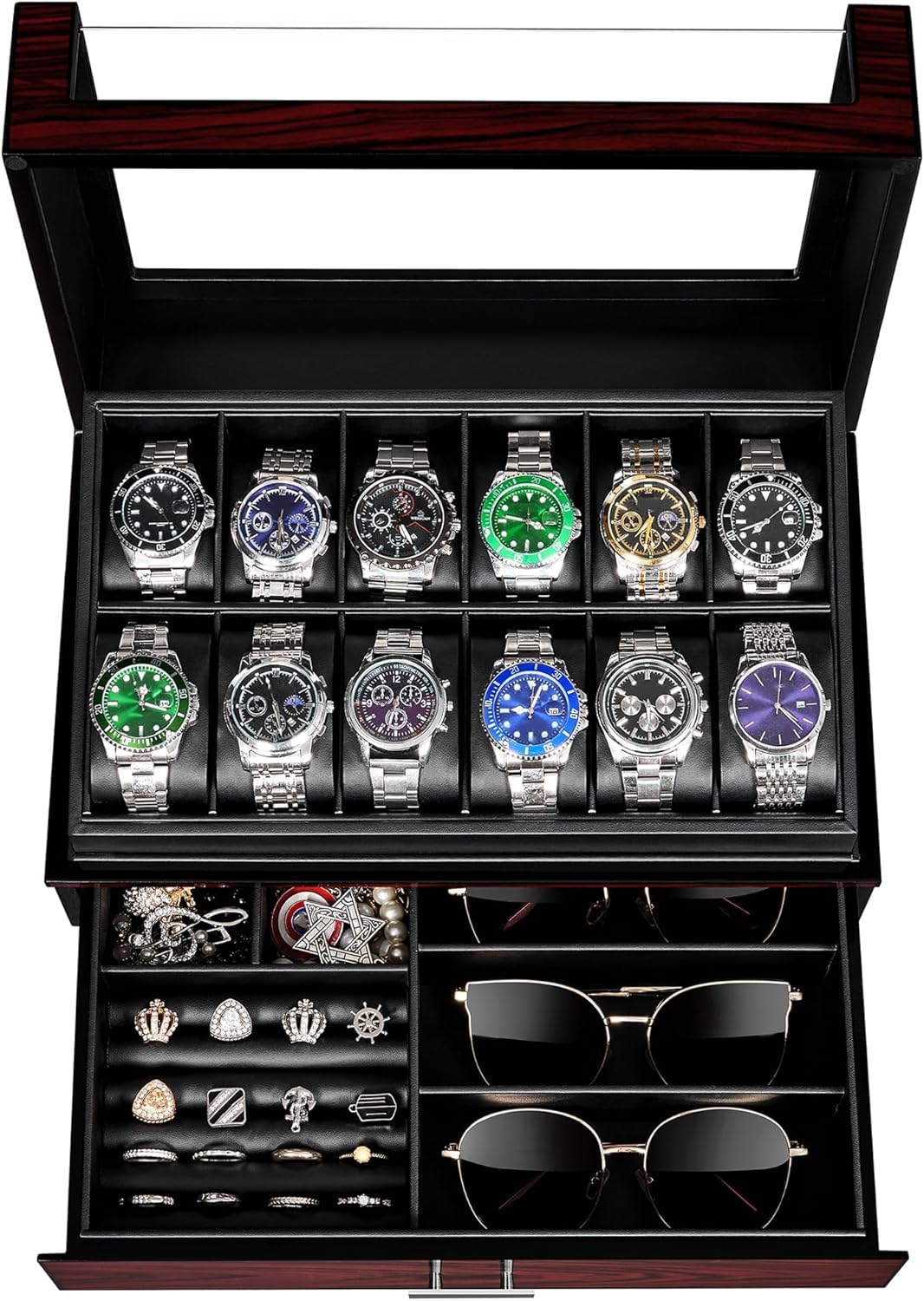 ANWBROAD Caja Relojes para Hombre 12 Compartimentos Tapa de Cristal Caja de Relojes 2 Capas de Pintura Relojero Organizador para Guardar Joyas Forro de PU Regalo para Hombre y Mujer JWB005Y