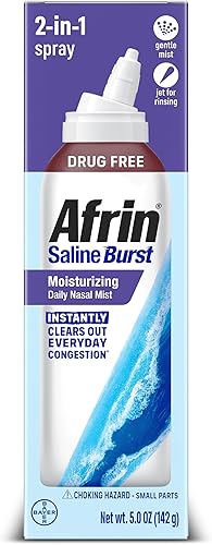 Afrin Aerosol nasal salino con pulverización diaria hidratante, solución salina isotónica de agua de mar con doble boquilla para el alivio diario