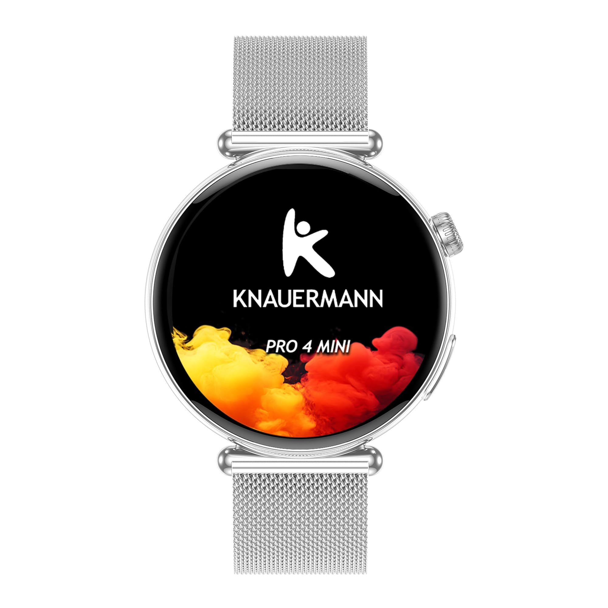Knauermann Pro 4 Mini (2026) okrągły srebrny - zegarek sanitarny EKG ciśnienie krwi, tętno i tlen we krwi, analiza snu, telefon, IP67, srebrny mediolański