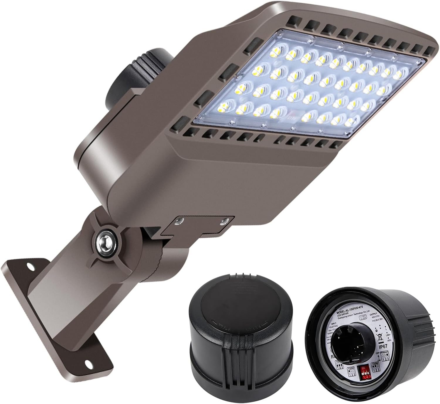 ledmo LED Parking Lot Light 100W/120W/150W, 22500LM Super Bright Dimmable Commercial Outdoor Shoebox Floodlight, 3-in-1 Sensor with Dusk to Dawn Photocell for Stadium IP65 100-277V Wall Arm Mount