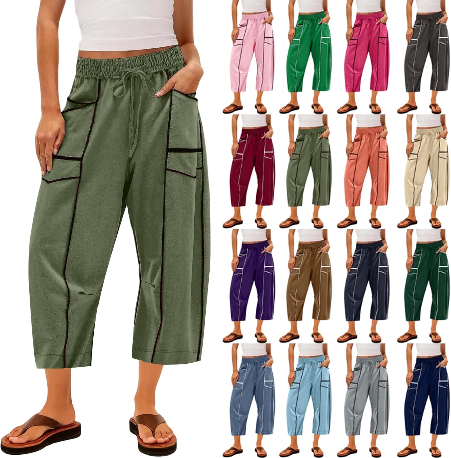 hamovessi Capri Sweats for Women Summer Casual Drawstring Waist Barrel Sweatpants Baggy Contrast Patchwork Pants with Pockets