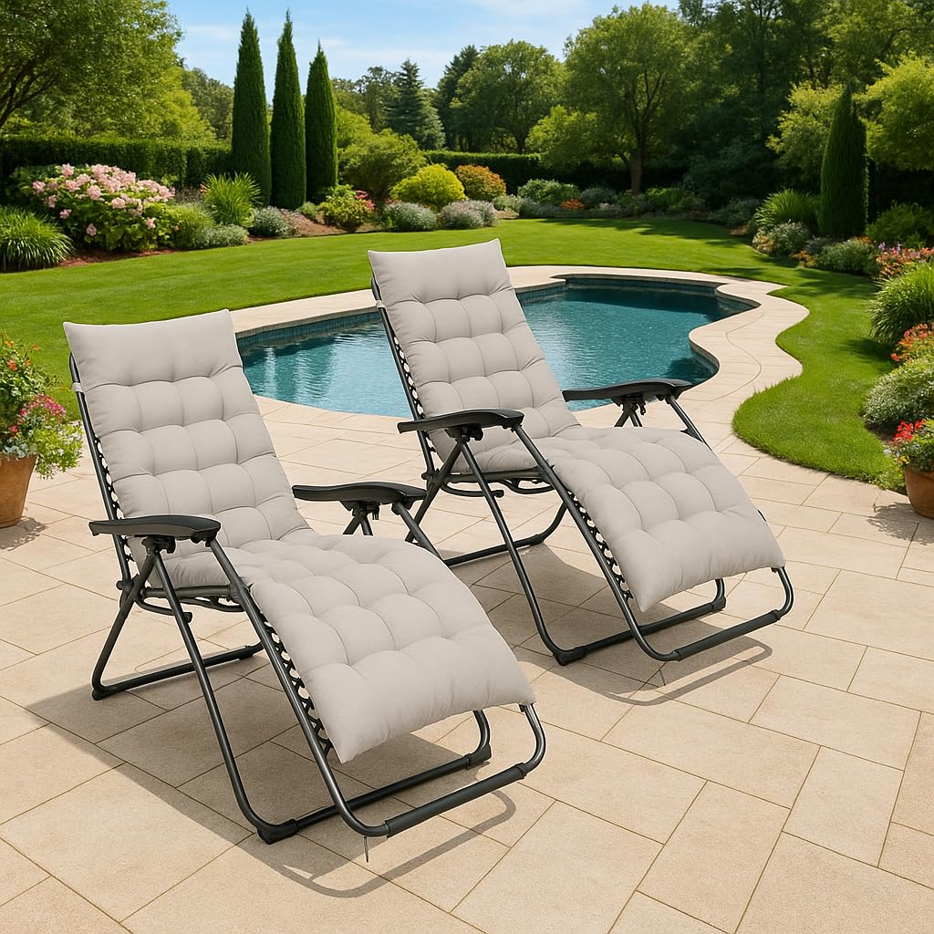 2pcs Sun Lounger Chairs with Cushions Padded Set of 2 Zero Gravity Reclining Foldable Chair Portable Garden Camping Thick Comfortable Non-Slip Relaxer (Black With Beige Grey Cushions)