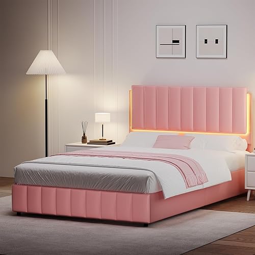 Miniatura 6 de Base de cama de tamaño matrimonial con luces LED, plataforma tapizada de piel sintética con cabecera y soporte de listones de madera, no necesita