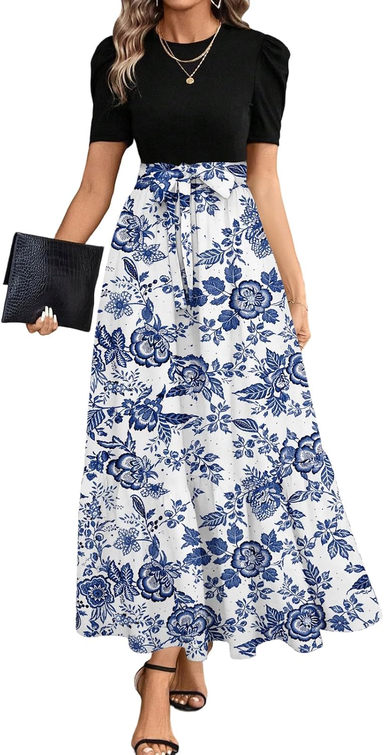 Summer Dresses for Women 2026 Short Sleeve Crewneck Flowy A-Line Babydoll Sundress Boho Fashion Beach Vacation Clothes
