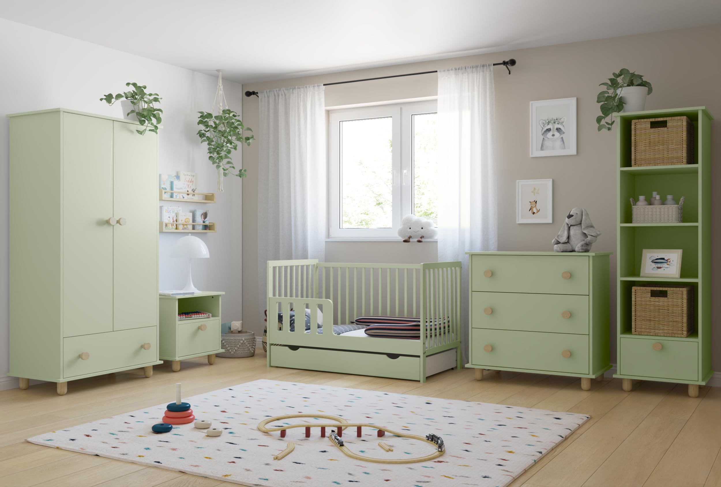 Łóżeczko LUMI 120x60 cm z materacem, szufladą i barierką 2w1 Miętowe