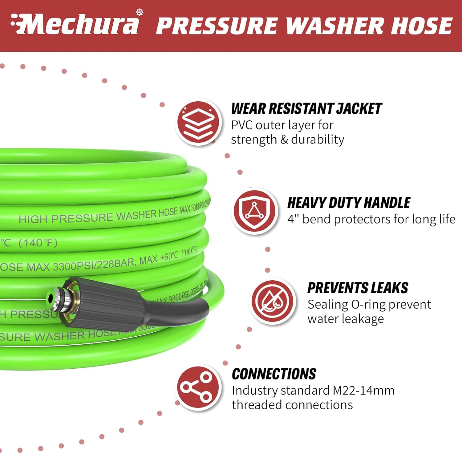 Pressure Washer Hose 50 FT, 1/4" PVC Green Power Washer Hose, 3300 PSI Kink Resistant Pressure Water Hose, M22-14mm Extension Hose Replacement for Home Use