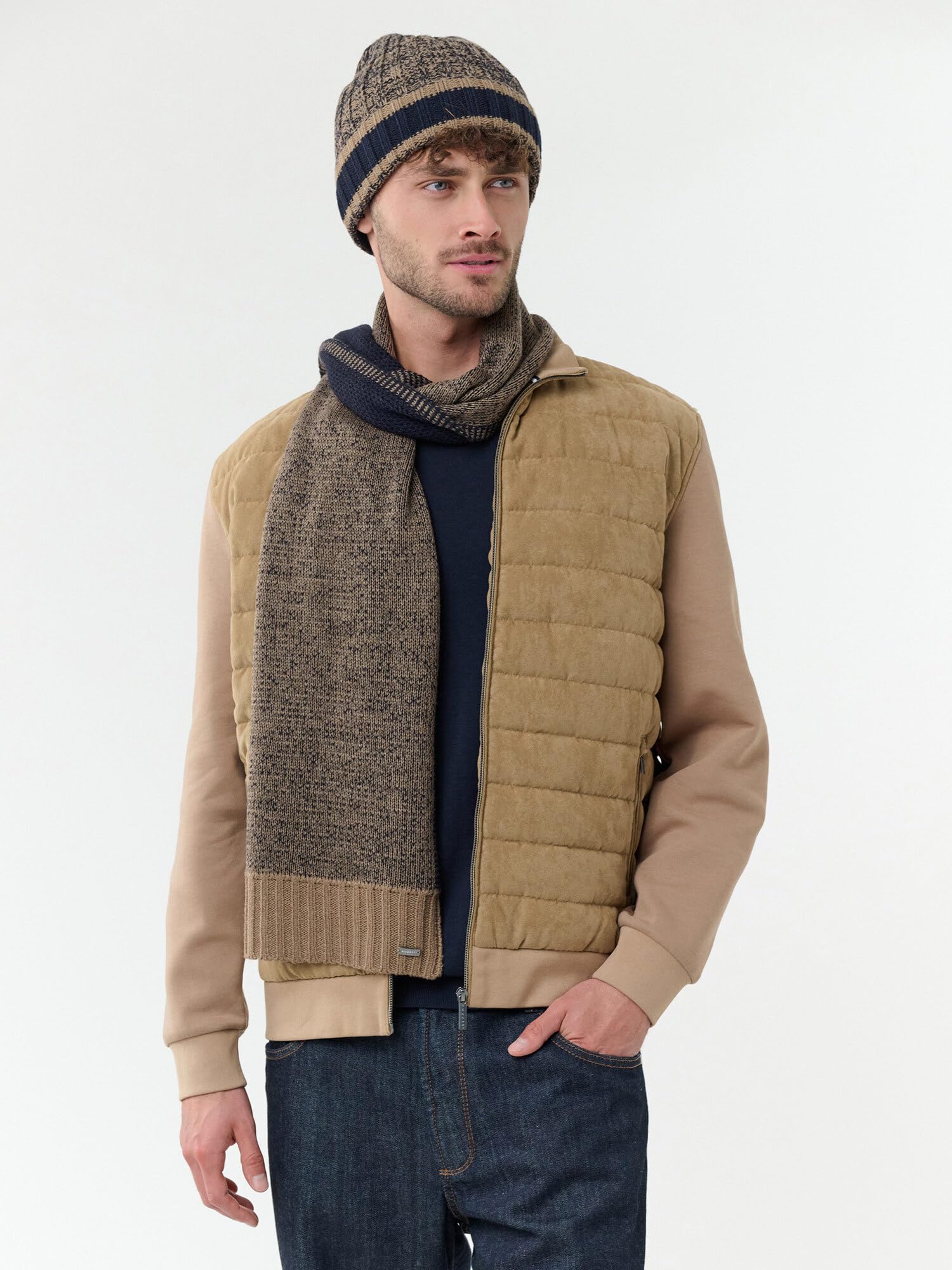 bugatti Męska czapka beanie, melanżowa i wiatroszczelna, rondo w paski, żywa wełna, metalowe logo