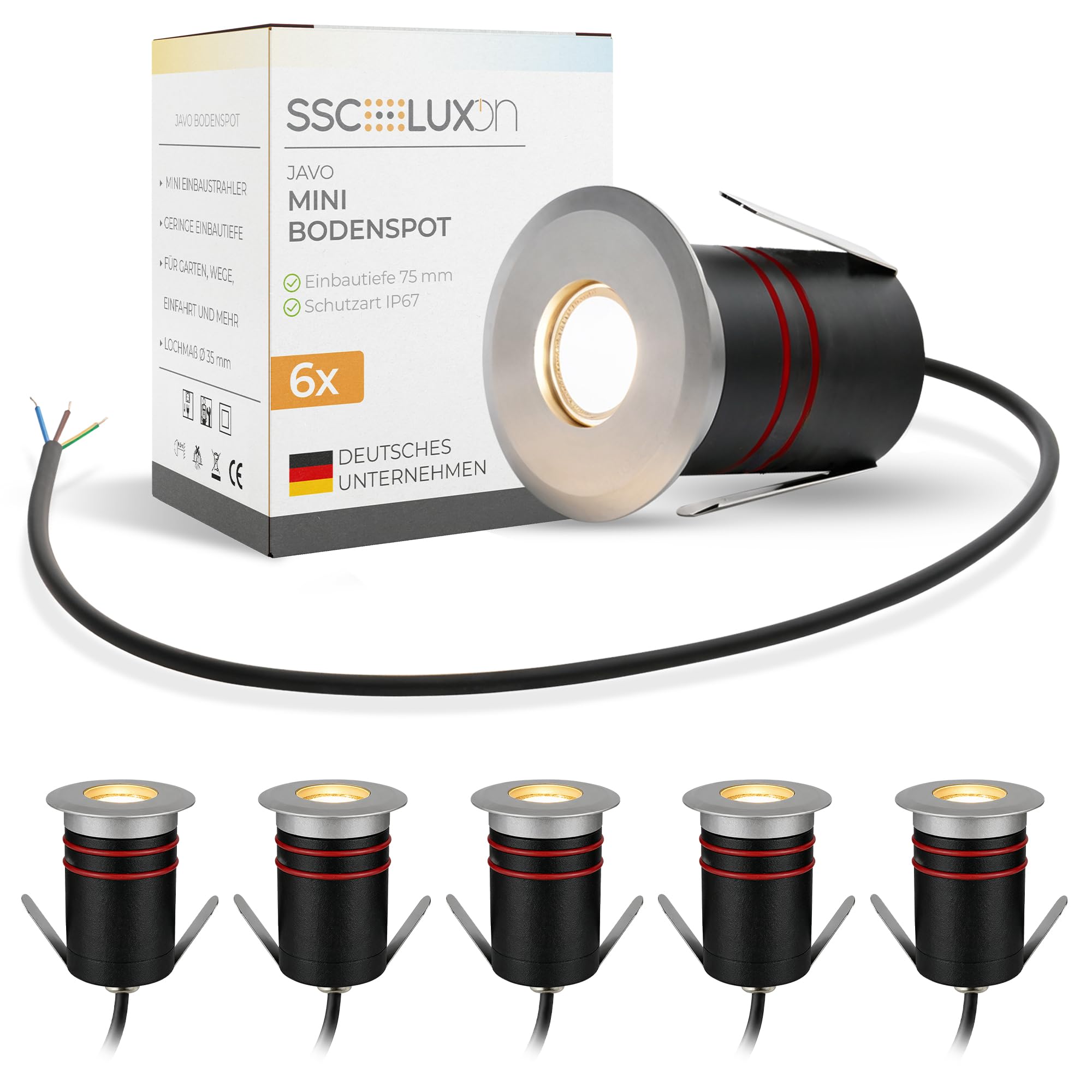 SSC-LUXon 6er Pack JAVO Bodeneinbauspots LED Außen 230V Erdstrahler warmweiß - Bodenleuchte klein begehbar IP67 Alu Ø 47mm