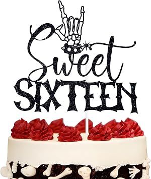 Black Glitter Sweet Sixteen Cake Topper, Old English Gothic 16th Birthday Decor, Halloween Scary Ghoul 16th Birthday Party Decorations Supplies