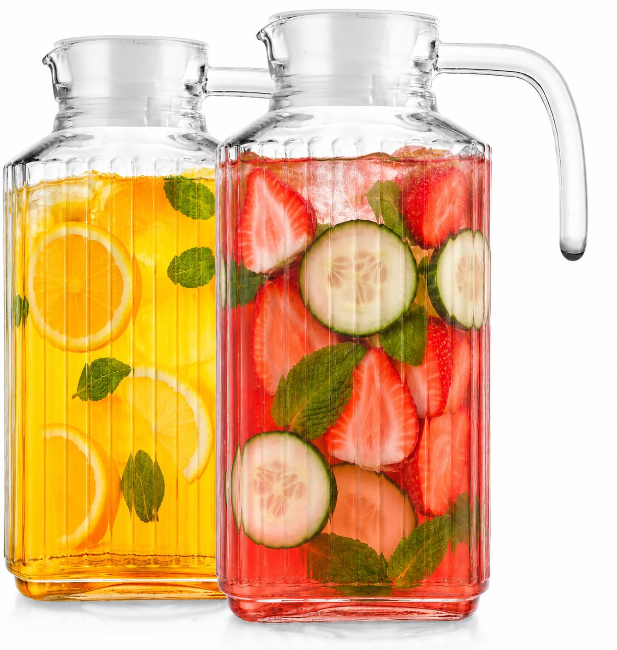 Home Essentials & Beyond - Juego de 2 jarras para nevera de 60 onzas, jarra de agua de vidrio con tapa, práctica y fácil de usar, ideal para limonada, té helado, leche, cócteles y más bebidas.
