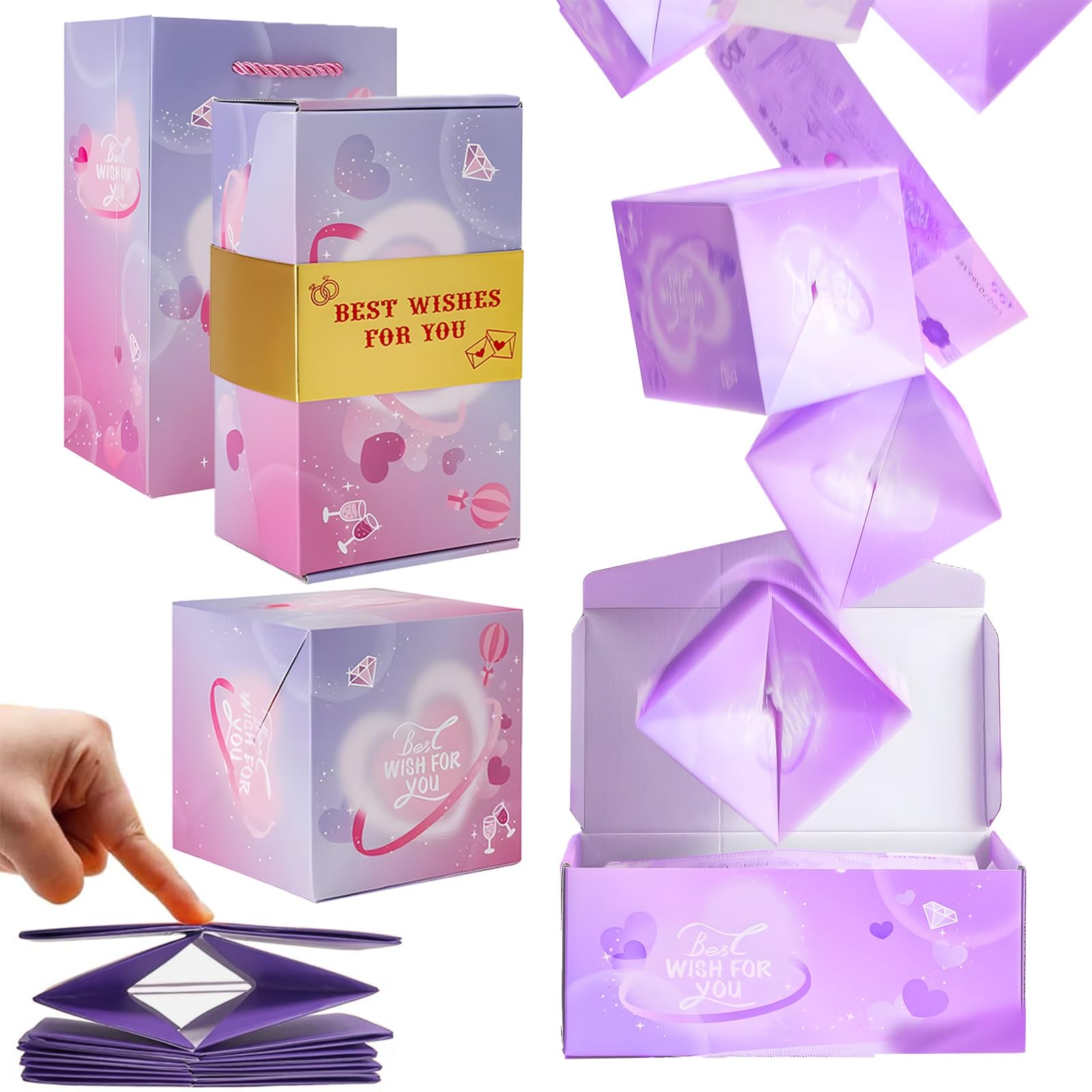 Surprise Gift Box Explosion for Money, Folding Bouncing Pop Up Money Gift Box with Cash Explosion for Birthday, Anniversary, Valentine's Day(Purple,10 Bounces)