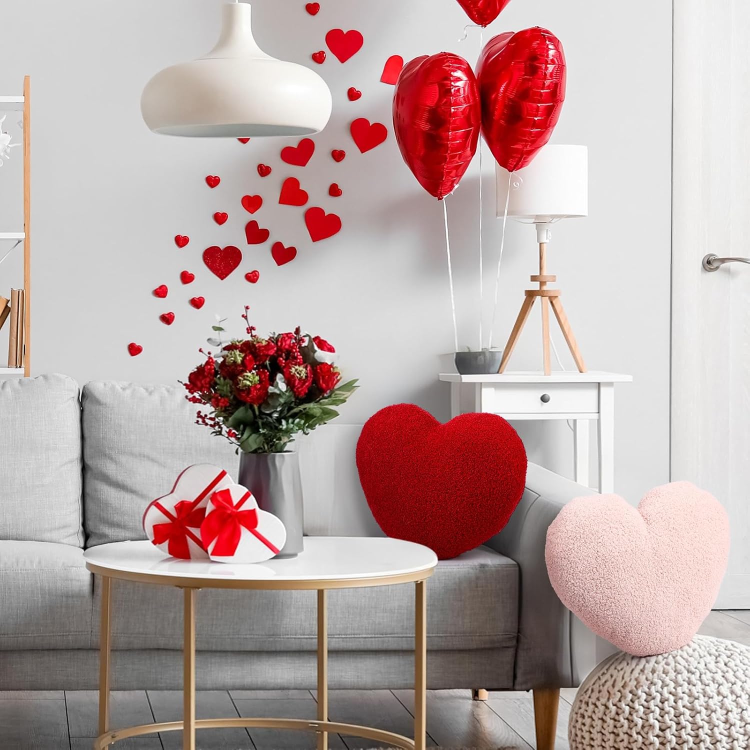 Kathfly 2 Pcs Valentine's Day Heart Pillows 17 Inch Red and Pink Heart Shaped Gifts Large Hooked Wool Throw Pillow for Couples Wedding Couch Bed Sofa Home Living Bedroom Indoor