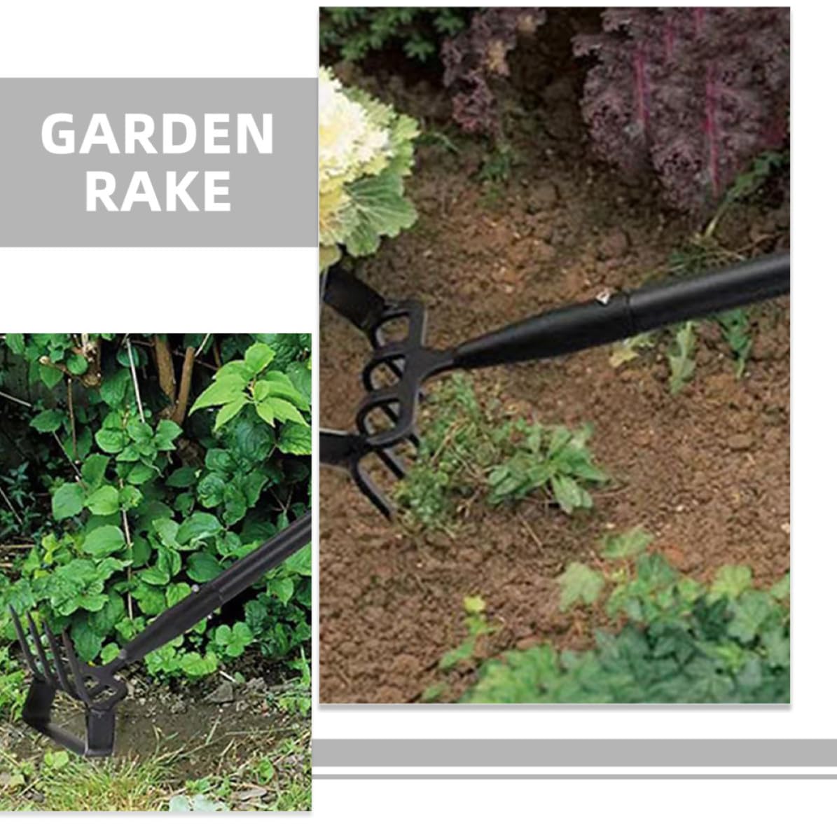Azada de Estribo Negra de Acero Inoxidable para Desmalezar | Rastrillo Pequeño de Jardín, Herramienta Manual para Labrar y Plantar, Mejora la Eficiencia en Tareas de Jardinería