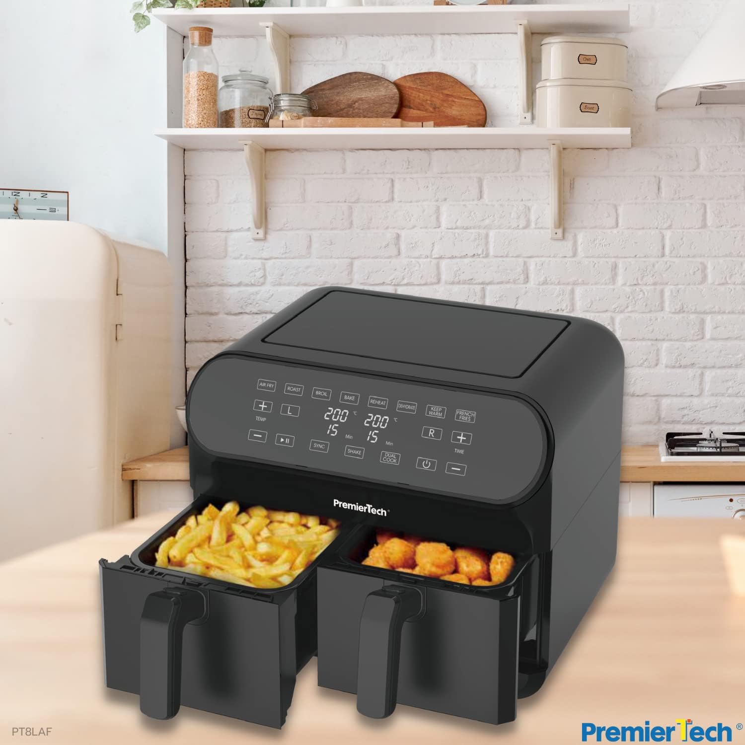 PremierTech Friggitrice e Forno ad Aria Doppio Cestello 8 Litri (4 + 4), 8 programmi, 2 zone indipendenti, Display digitale PT8LAF, Touch Screen, Cucina Sana, Griglia, Arrostisci, Scongela PremierTech Friggitrice e Forno ad Aria Doppio Cestello 8 Litri (4 + 4), 8 programmi, 2 zone indipendenti, Display digitale PT8LAF, Touch Screen, Cucina Sana, Griglia, Arrostisci, Scongela