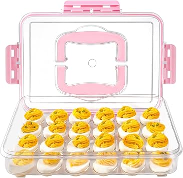 MesRosa Deviled Egg Containers with Lid and Handle, Durable Clear Plastic Deviled Egg Carrier Storage 24 Eggs, Stackable Egg Holder for Fridge, Portable Tray Platter for Party & Picnics-1 Pack Pink