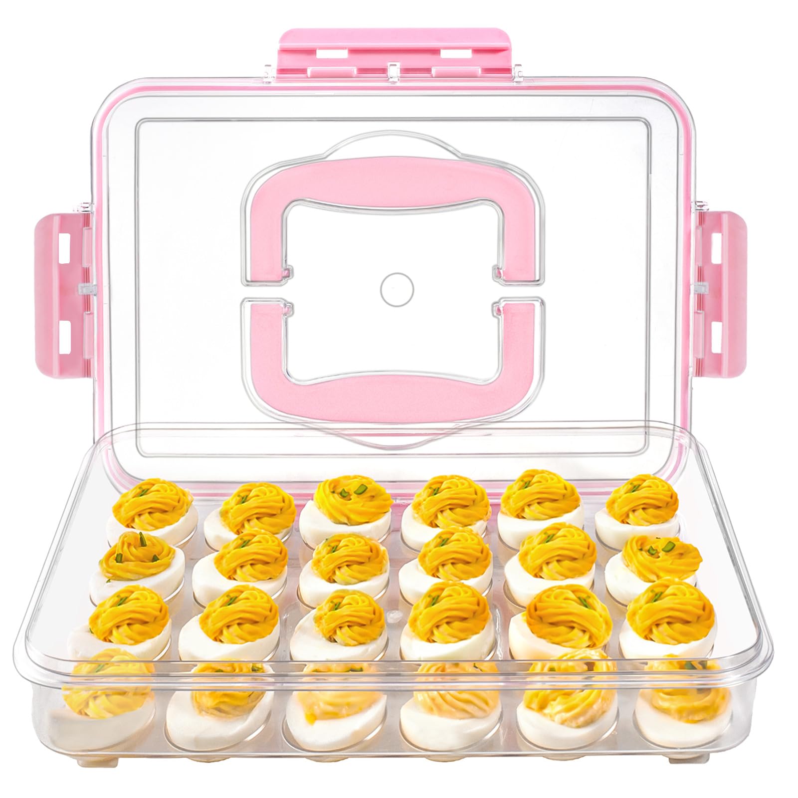 Deviled Egg Containers with Lid and Handle, Durable Clear Plastic Deviled Egg Carrier Storage 24 Eggs, Stackable Egg Holder for Fridge, Portable Tray Platter for Party & Picnics-1 Pack Pink