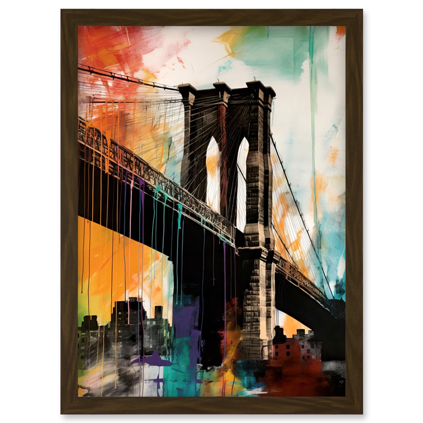 Artery8 Under the Brooklyn Bridge Multicoloured Cityscape Artwork Framed Wall Art Print A4