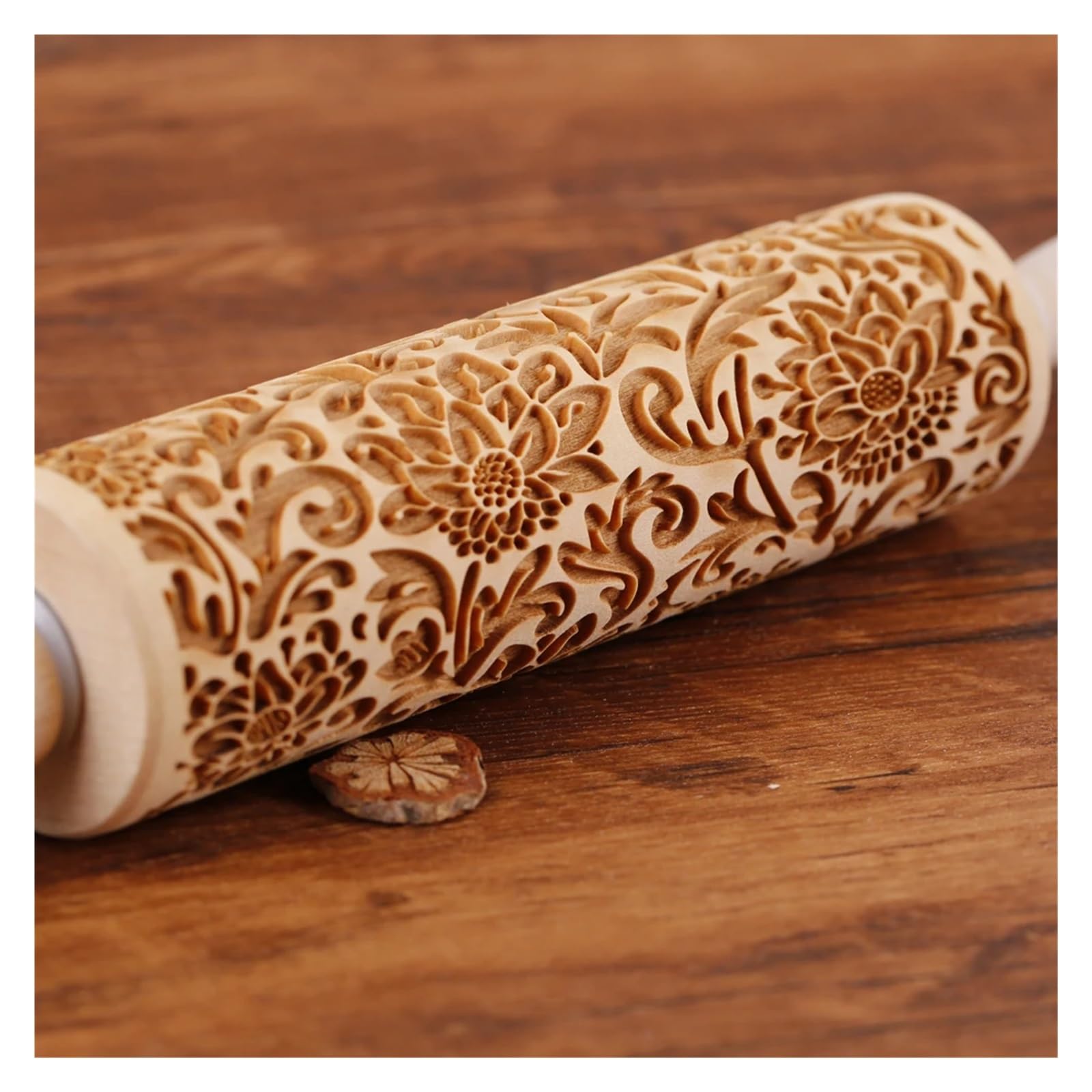 Rodillo de Madera de 13,7 Pulgadas con Estampado de Girasol for repostería, Galletas y Grabado Profundo. para Cocina, Pastelería