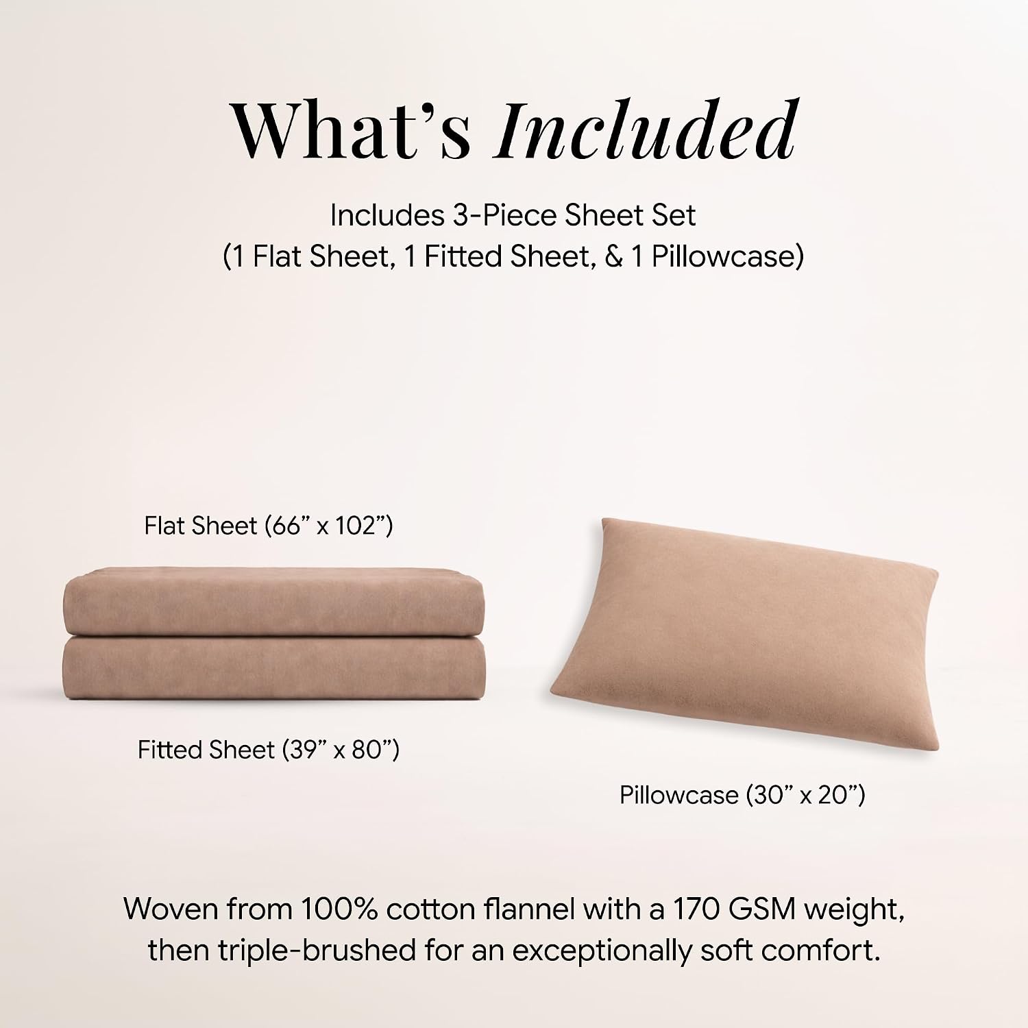 Tribeca Living Triple Brushed Soft Cotton Flannel Sheets Set, Twin XL Size 170-GSM Weight Extra Deep Pocket Sheet in Solid Cashmere Color