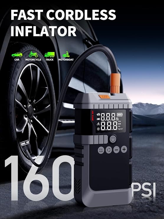 Portable Car Battery Jump Starter with Air Compressor, 6000A Car Jumper Starter Portable, 45W Fast Charge Jump Box,160PSI Auto-Shut Off Tire Inflator,LED Light, Jumper Cables,Gloves