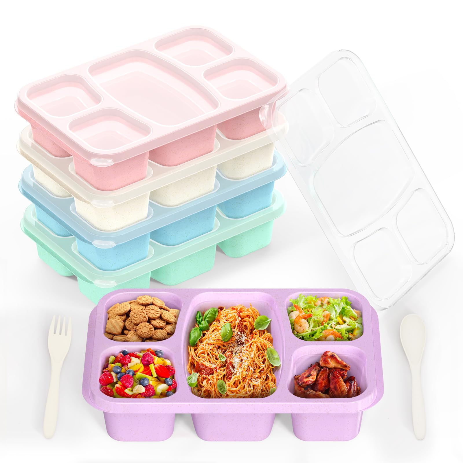 5 Pack Bento Box Adult Lunch Box, 5 Compartment Bento Box for Kids, Reusable, Snack Containers for School, Work, and Travel