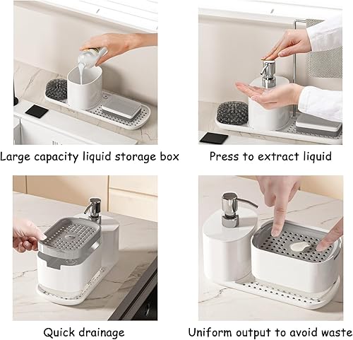 Miniatura 5 de Juego de dispensador de jabón de cocina con soporte, dispensadores de jabón para platos para fregadero de cocina, organizador 5 en 1 para