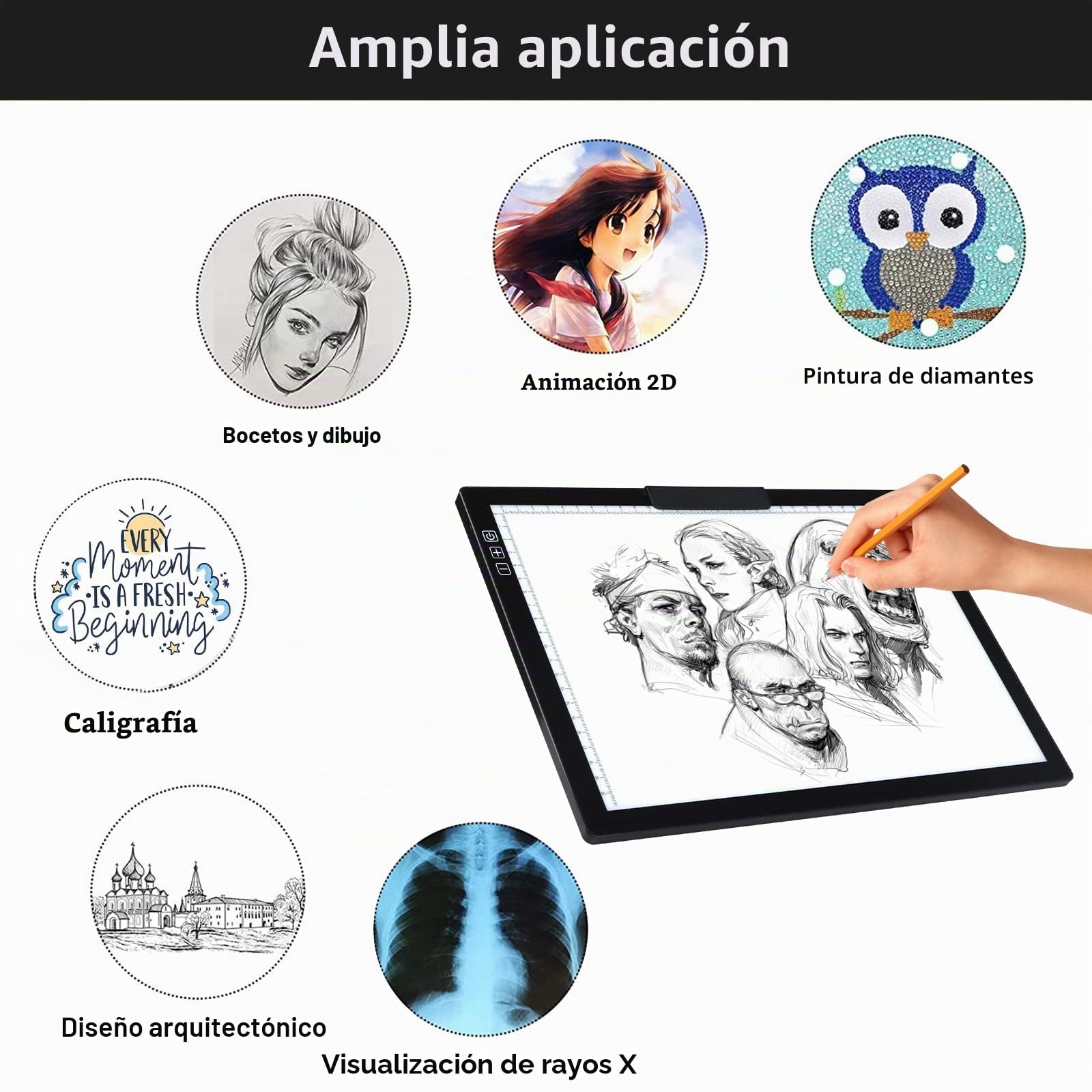 Placa LED inalámbrica A4 con soporte innovador y clip, caja de luz recargable con batería, regulable continuamente, 6 niveles de brillo, panel luminoso inalámbrico para trazar, deshierbar, vinilo