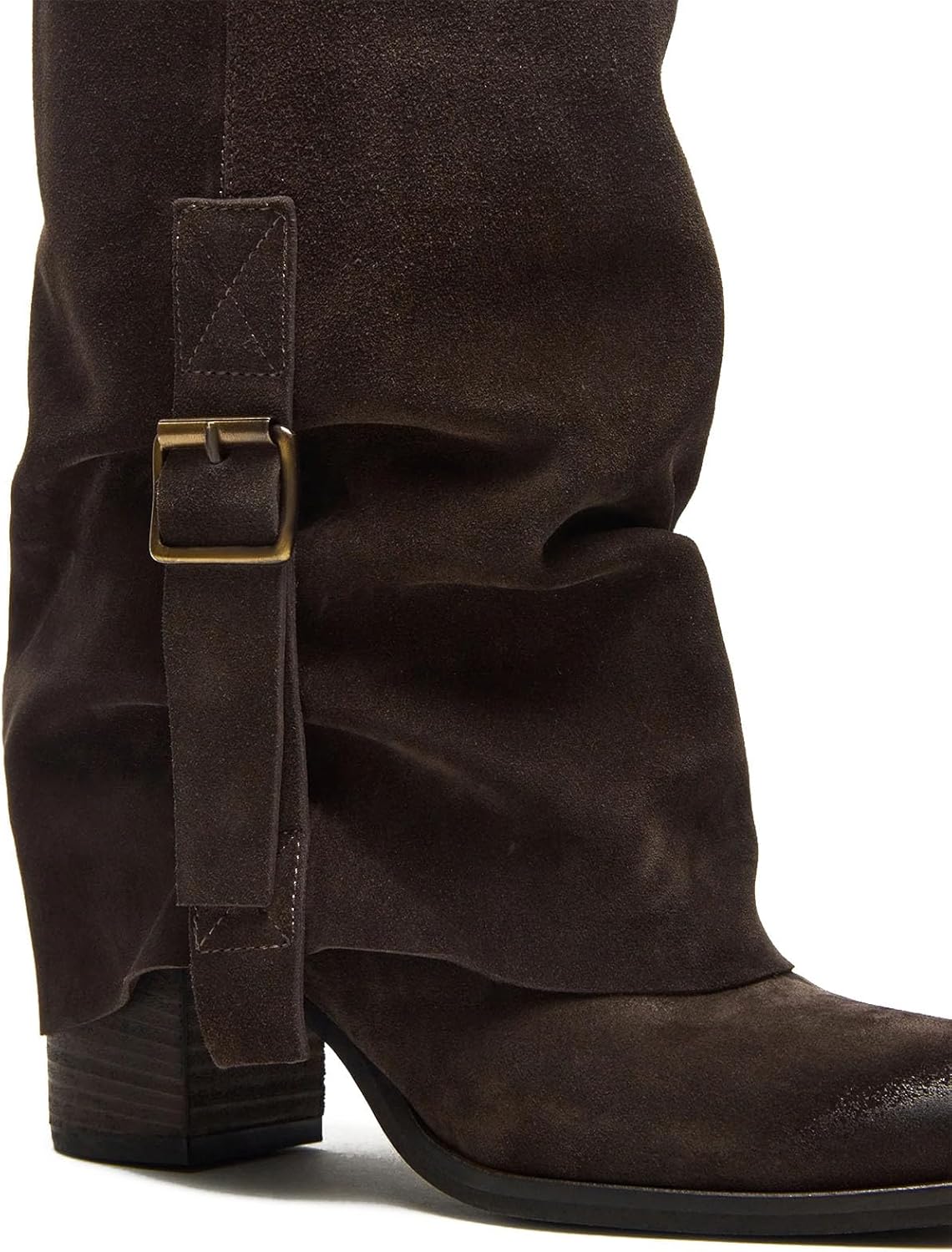Fold Over Boots for Women Pull-on Slouchy Knee High Boots Square Toe Chunky Heel Stacked Pleated Suede Boot