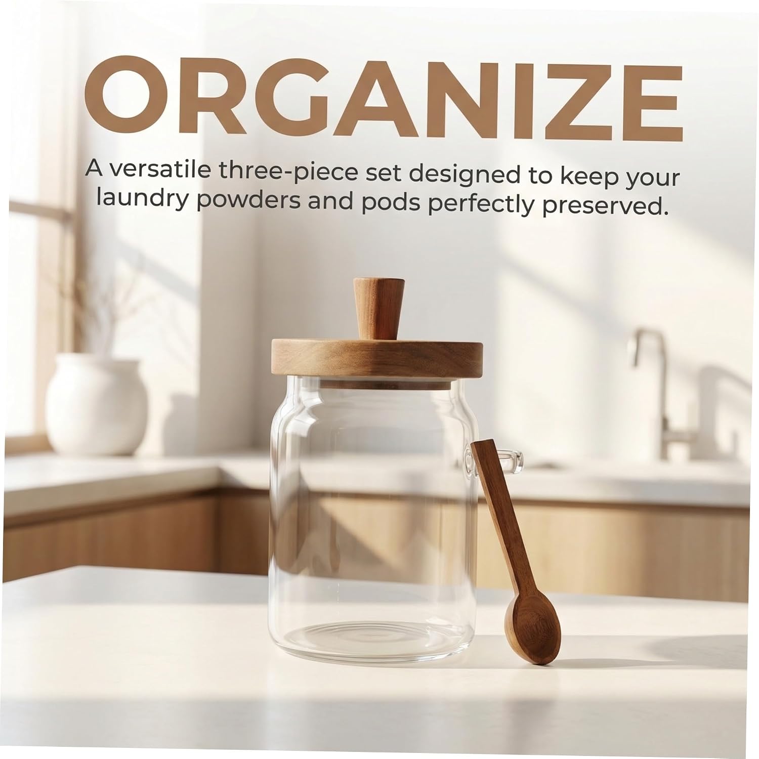 Angoily Glass Laundry Powder Container Set with Wooden Lids and Spoon, 3pcs (400ml, 600ml, 900ml) Reusable Detergent Storage Jars for Laundry Capsules, Dryer Sheets, and Washing Powder
