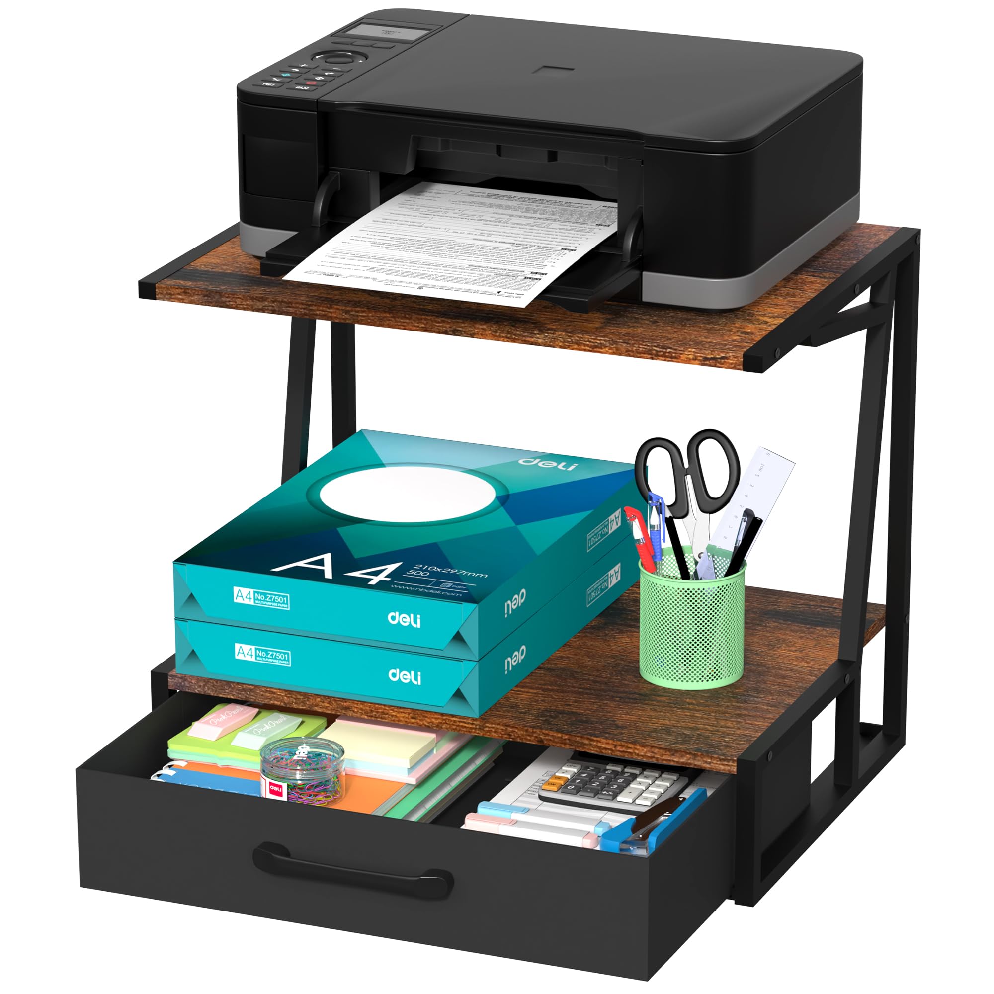 Alyoen Printer Stand for Desk with Storage Drawer, 2 Tier Desktop or Under Desk Printer Shelf, Large Printer Table Organizer for Home Office, Fit Fax Machine, Scanner