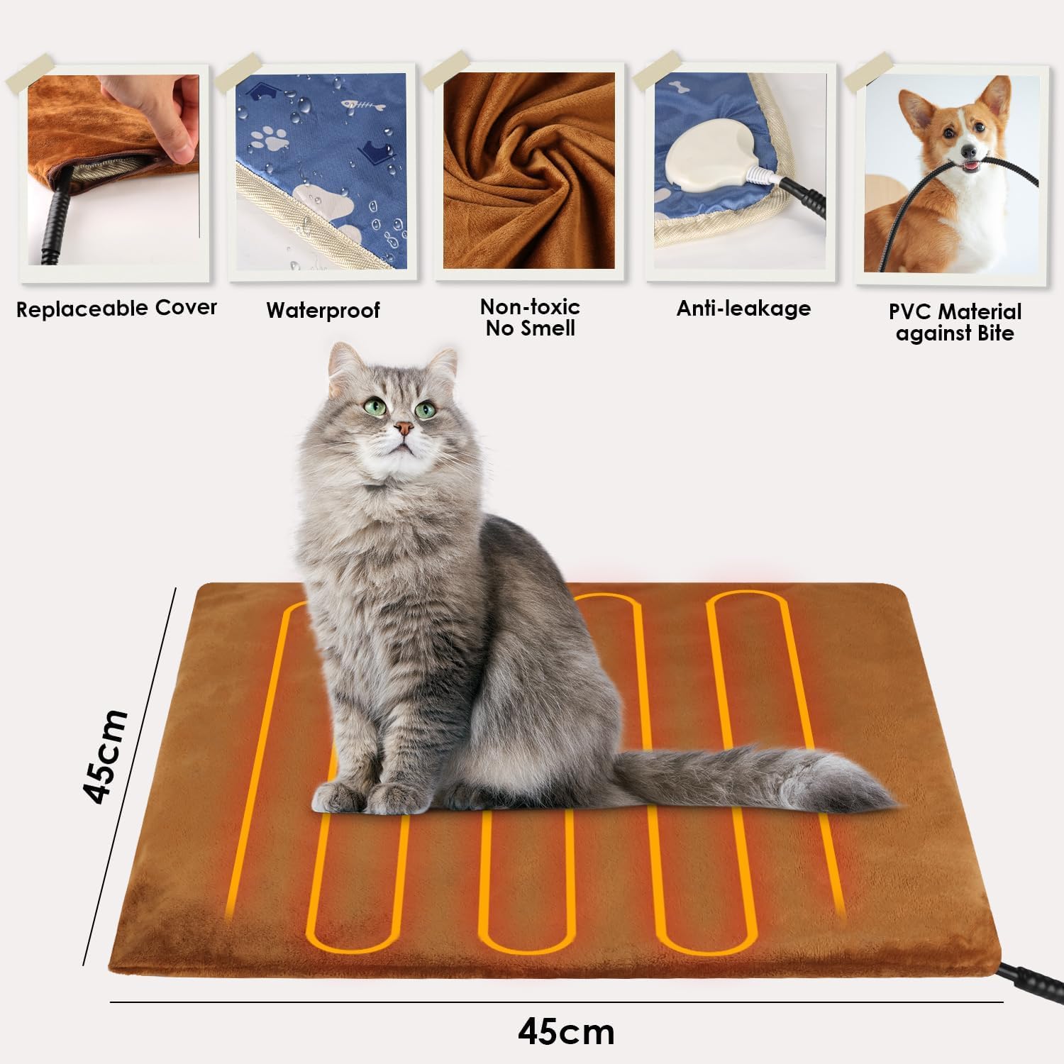 Tappetino Riscaldante per Gatti Cani, Tappeto Riscaldante Gatto 12 Timer Sempre Acceso Temperatura 30-60℃, Tappetino Riscaldante per Cani, Coperta Termica Gatti Anti-Morso Impermeabile-45 * 45cm
