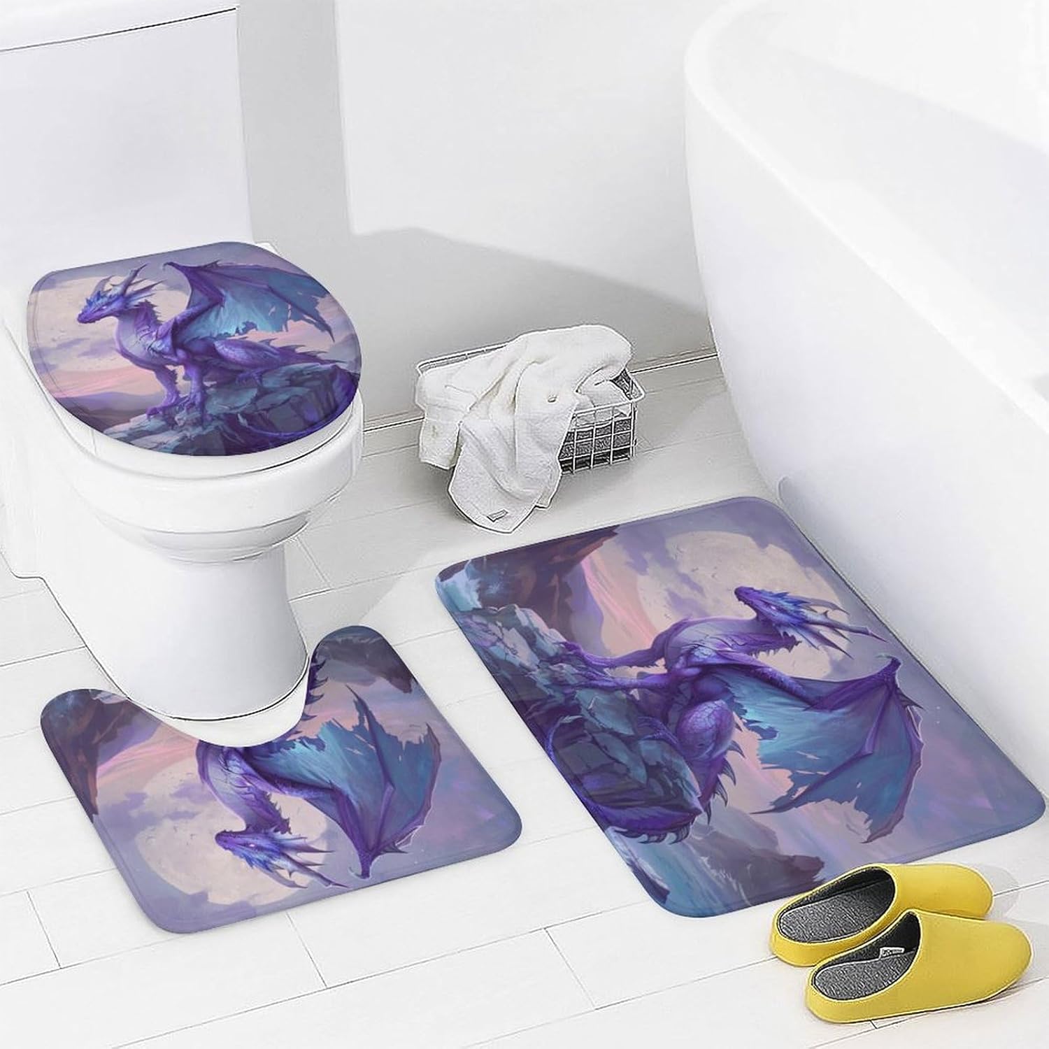 4 Piece Watercolor Dragon Shower Curtain Set with Rugs, Majestic Animal Mountain Moon Include Bathroom Non-Slip Floor Mat, U-Shaped Bath Rug and Toilet Cover Lid with 12 Hooks