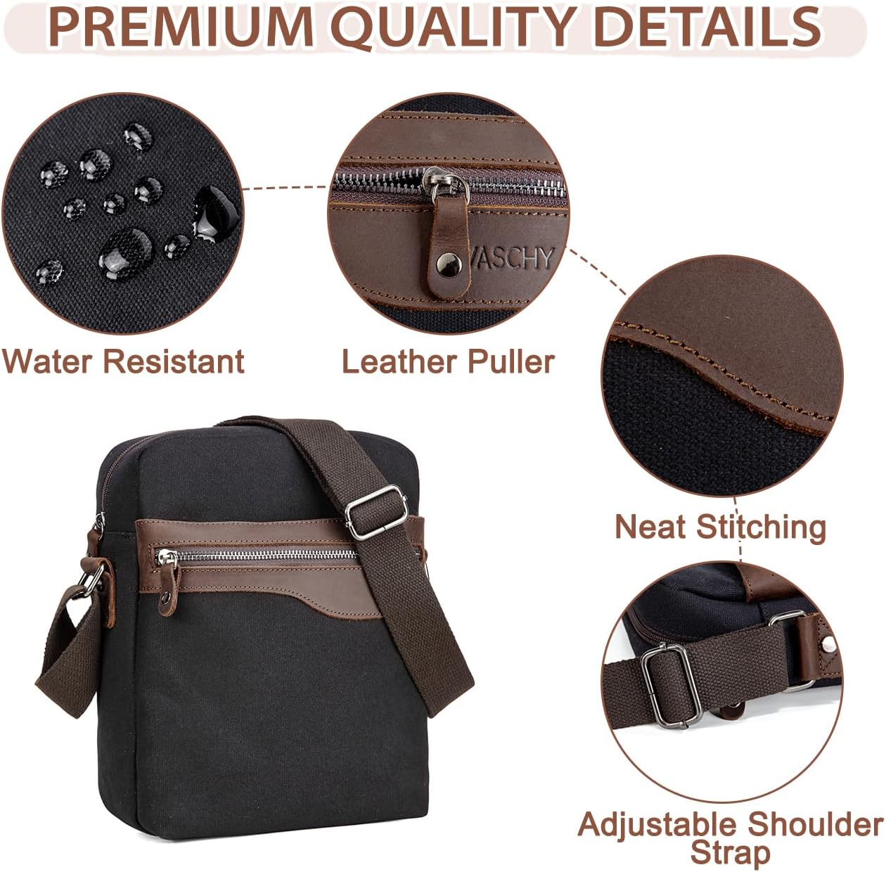 VASCHY Small Messenger Bag, Vintage Leather Canvas Crossbody Shoulder Side Bag for Men Women for Work/Travel