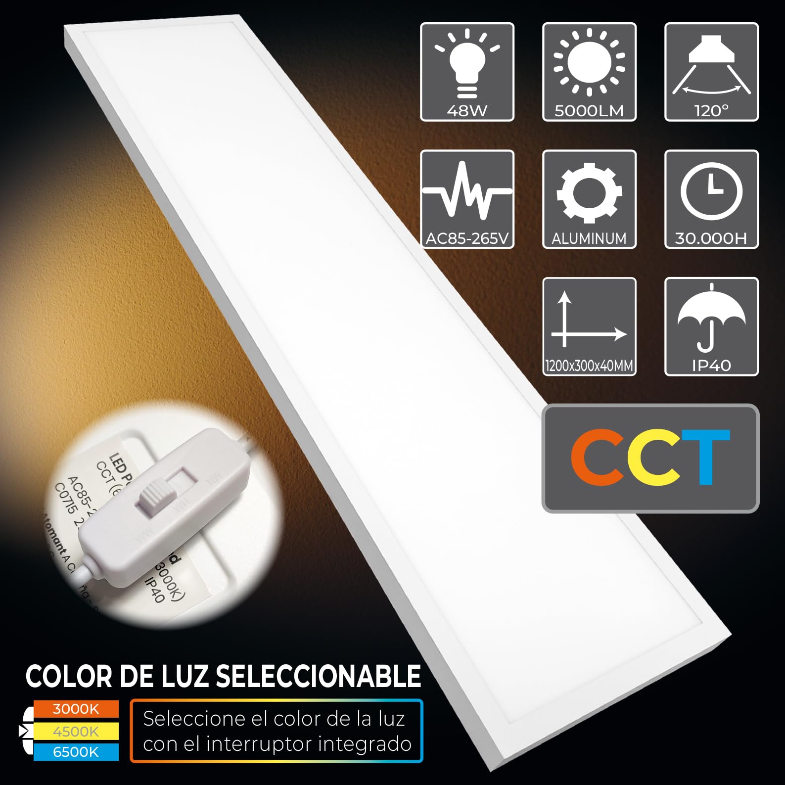 LED ATOMANT Plafon LED Panel Superficie 120x30cm 48W, CCT (Selector de Color Blanco Calido, Neutro y Frio), 5000 Lumenes, Driver incluido