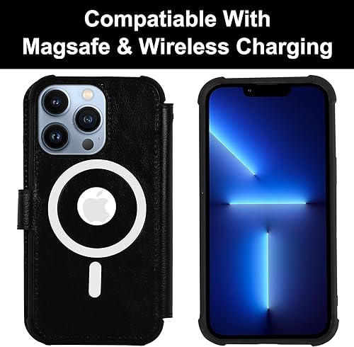 Miniatura 6 de VANAVAGY Funda tipo cartera compatible con iPhone 13 Pro MagSafe, funda de piel con tapa RFID con soporte para muñeca, carga inalámbrica con