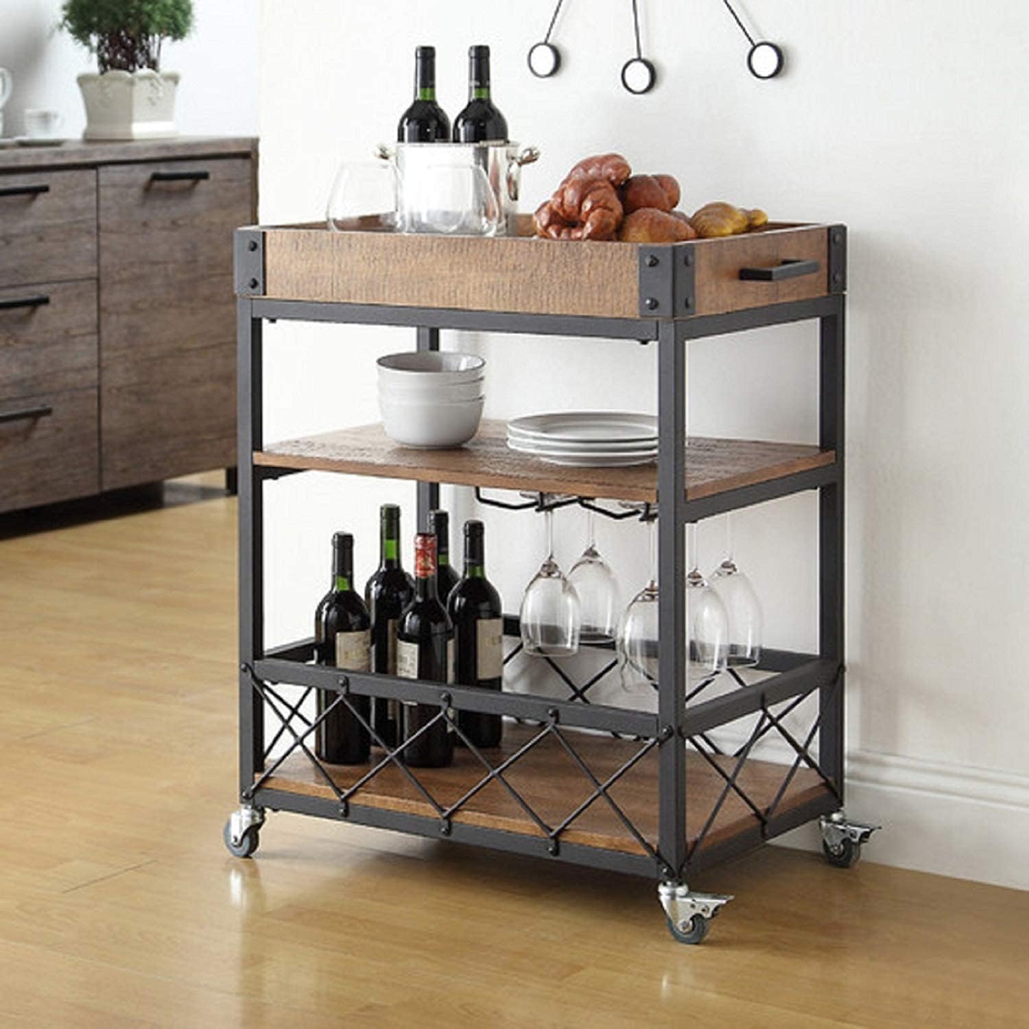 OGFC 45471 Black 28'' Rectangular Kitchen Cart with MDF Wood Top and 3 Tiered Storage Area