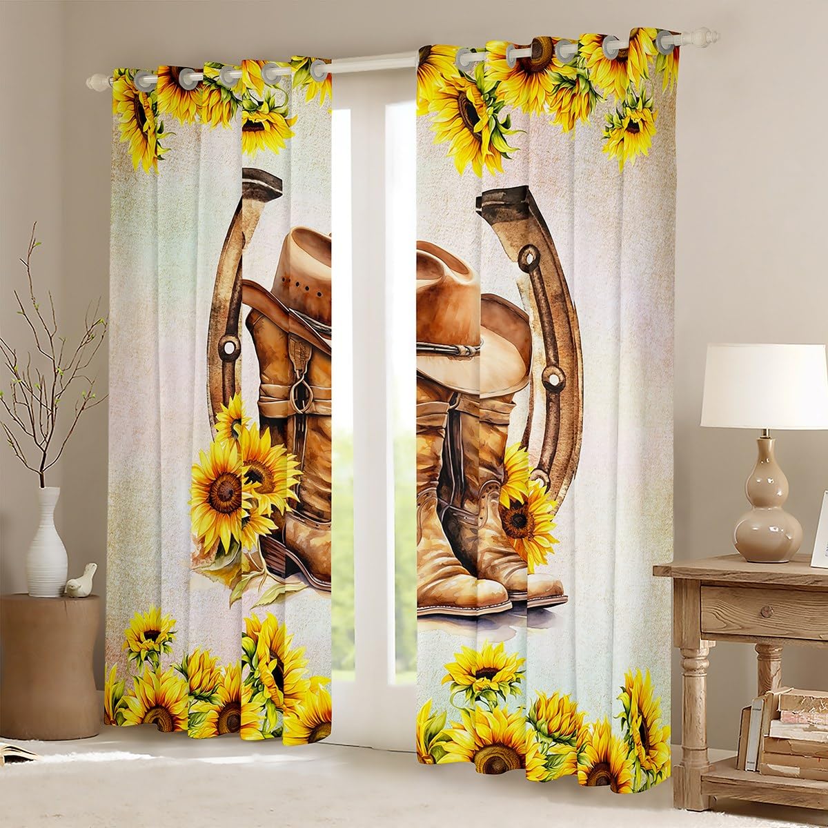 Castle Fairy Cowboy Hat and Boot Window Curtains,Retro Sunflowers Curtain,Horseshoe Print Window Drapes for Kids Teens Boys Young Man,Modern Bedroom Decorative,Country Style Curtain,42Wx63L