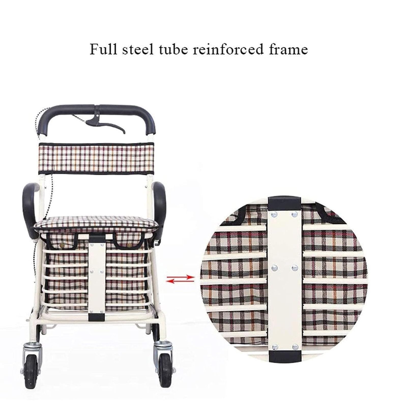 Rollator De 4 Ruedas, Carrito Compra Andador con Asiento Y Frenos Carrito Andador Ancianos Ligero Plegable White