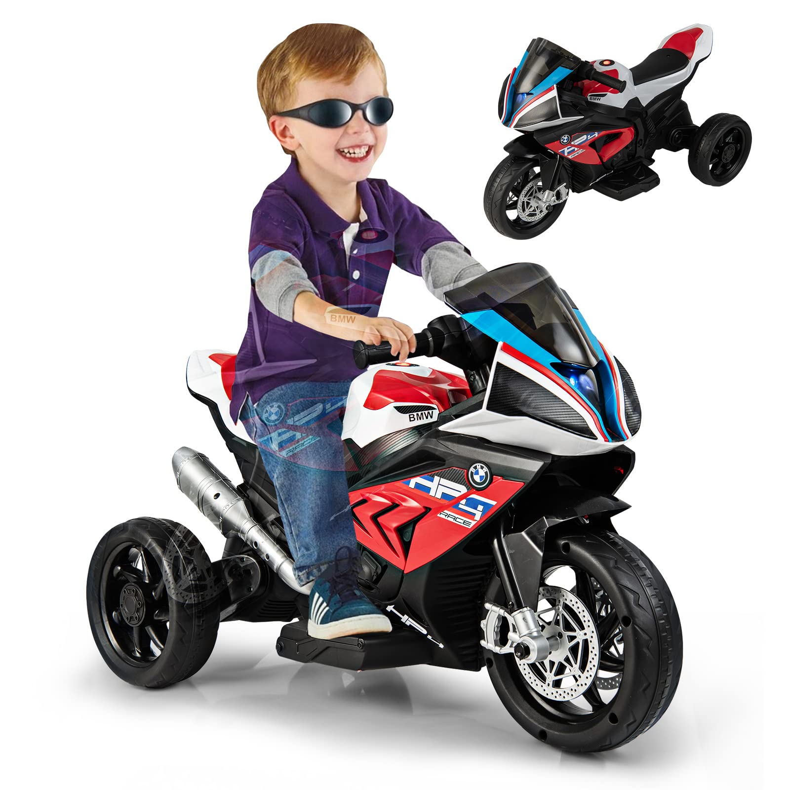 GOPLUS BMW Moto Electrique Enfants 6V avec 2 Roues d’Entraînement, Voiture Porteur Electrique Enfants avec Phares, Musique, 3KM/H Charge 30 KG, pour Garçons Filles 3-8 Ans(Rouge)