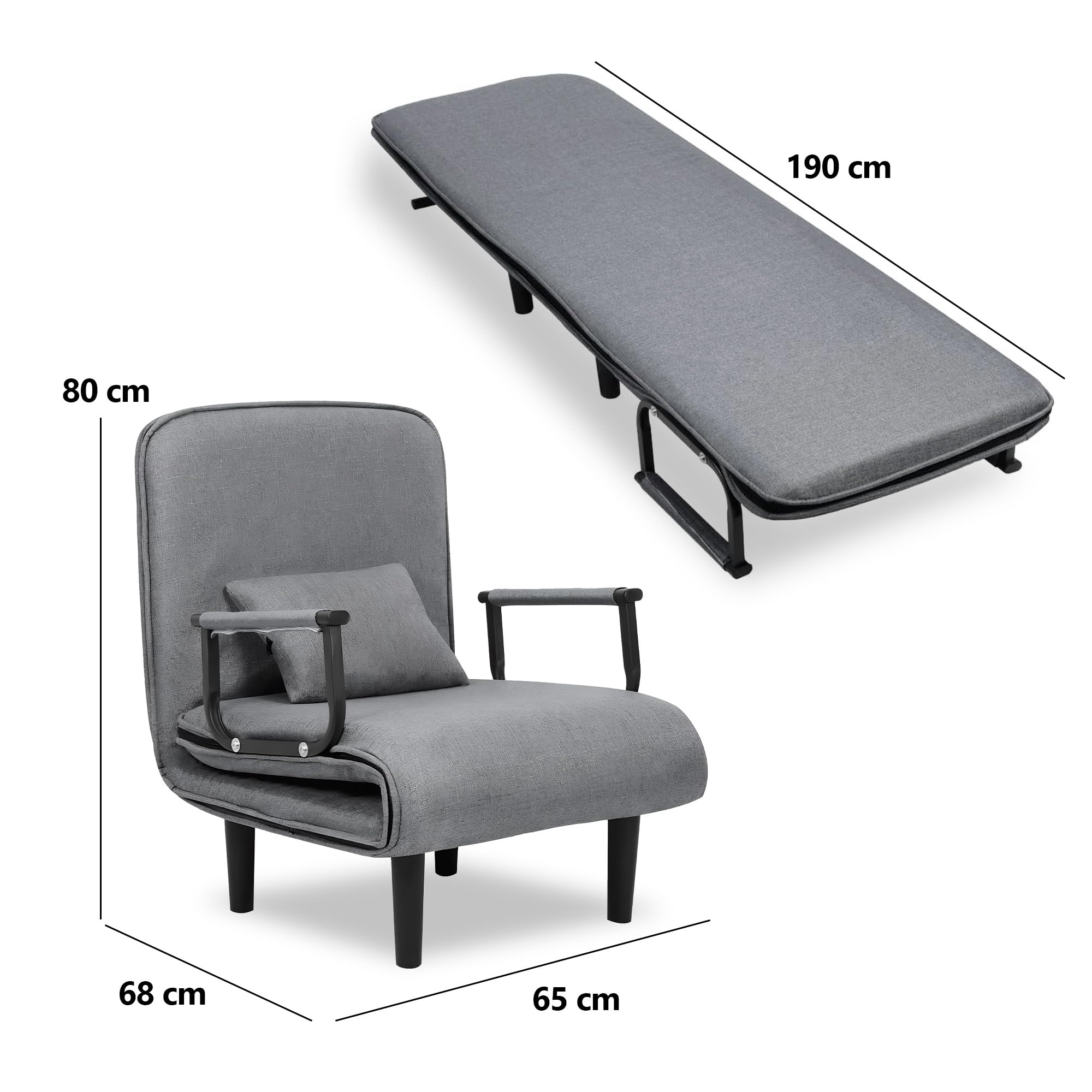 Unicview Sillón Sofá Cama Convertible 3 en 1, Sofá Reclinable, Sofá Individual Que se Convierte en Cama 190 cm Largo 65 cm Ancho, con Reposabrazos y Cojín, Ideal para Salón o Invitados, Gris