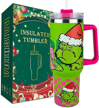 40 oz Christmas Grinchmas Tumbler with Handle and Straw, Stainless Steel Tumbler with Lid Straw, Car Mug Sports Travel Gift 40oz Insulated Tumblers Christmas 18