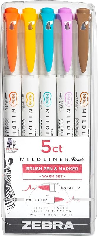 Zebra Pen MILDLINER No Bleed Brush Pen, Assorted Warm, Dual Tip, 5-Pack
