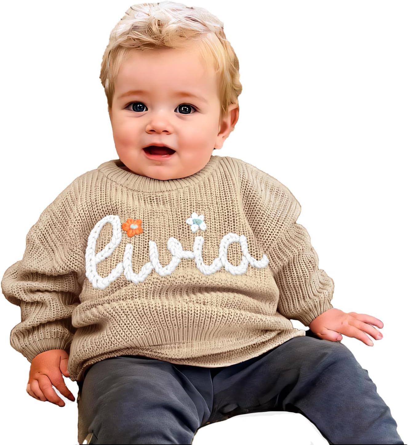 Handcrafted Baby Knit Sweater with Custom Embroidered Name or Monogram, Specialized Gift for Infant Girl, Boy, Toddler, Kid