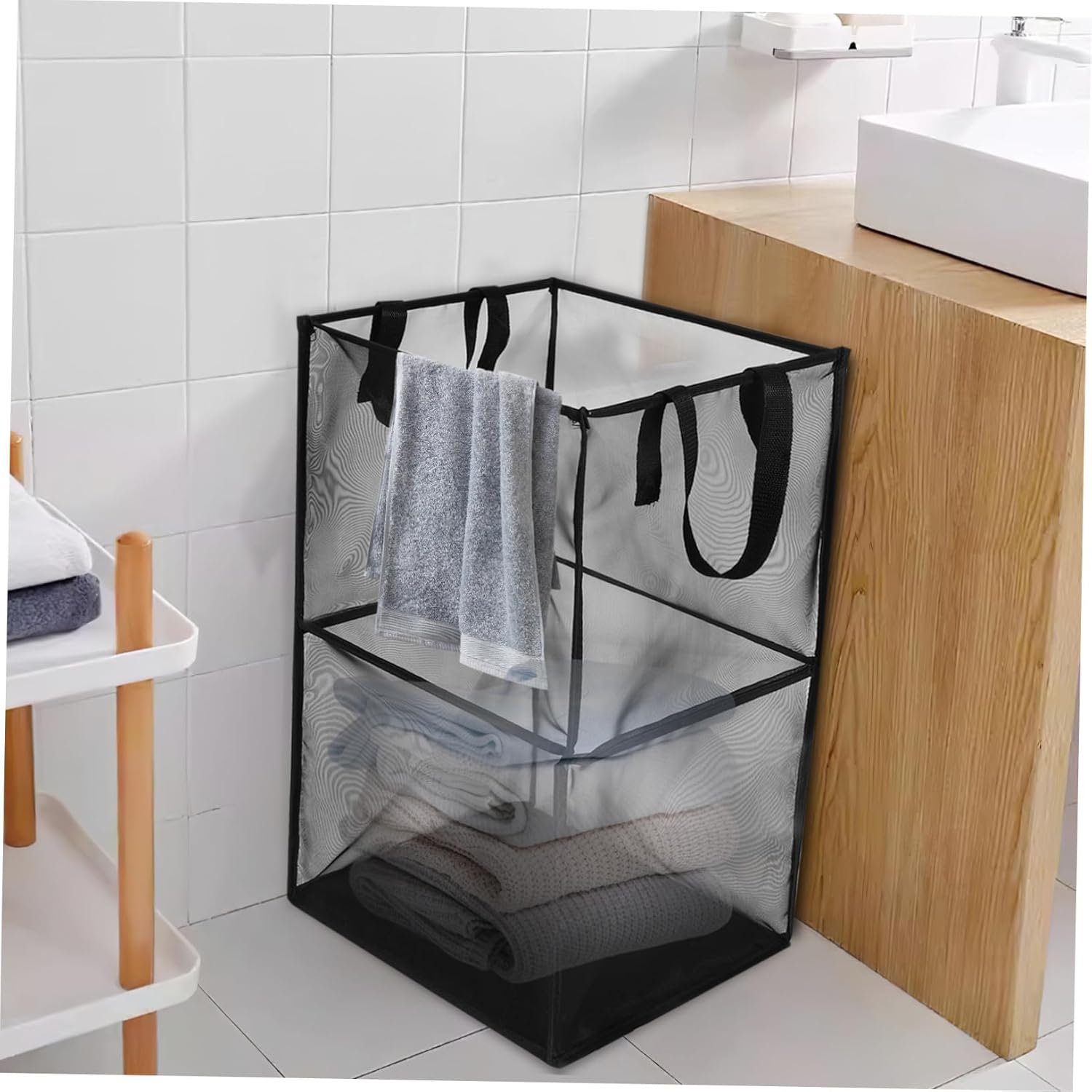 2pcs Large Collapsible Laundry Baskets with Reinforced Handles Mesh Design Double Hampers for Dirty Clothes Organization Bedroom Bathroom Use