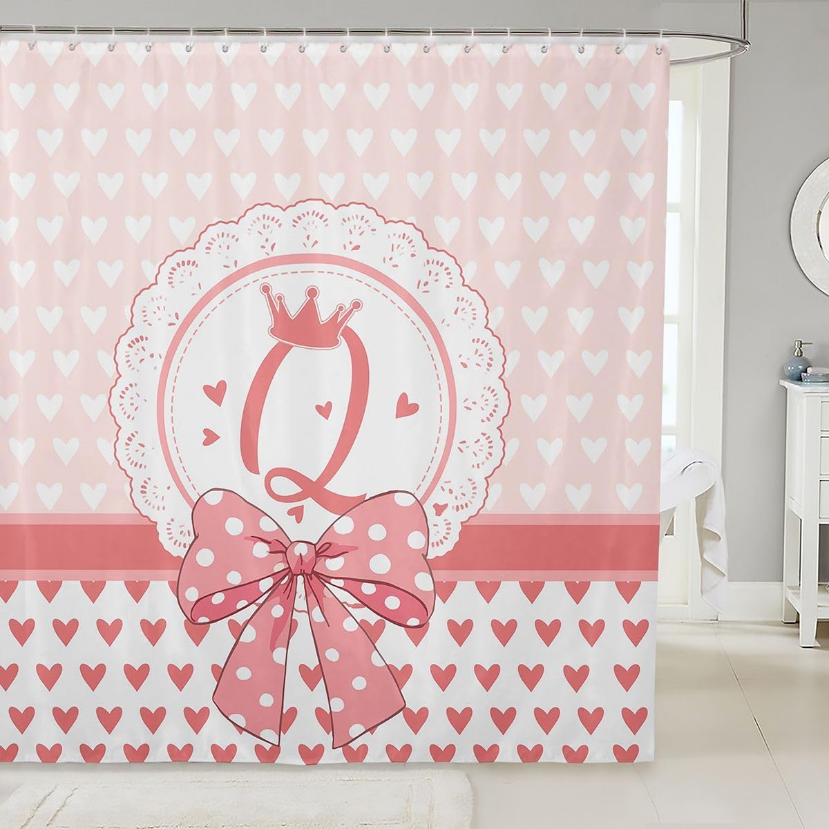 Feelyou Pink Heart Love Shower Curtain Personalized Initial Q Bath Curtain Princess Crown Print Bathroom Accessories Kawaii Alphabet Waterproof Fabric Fairy Dreamy with 12 Hooks 72"x72"